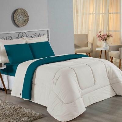 Kit Edredom Dupla Face + Jogo De Lençol Queen Nobre 6 Peças Malha 100% Algodão - Palha / Petróleo