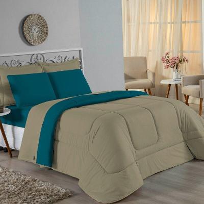 Kit Edredom Dupla Face + Jogo De Lençol Queen Nobre 6 Peças Malha 100% Algodão - Avelã / Petróleo
