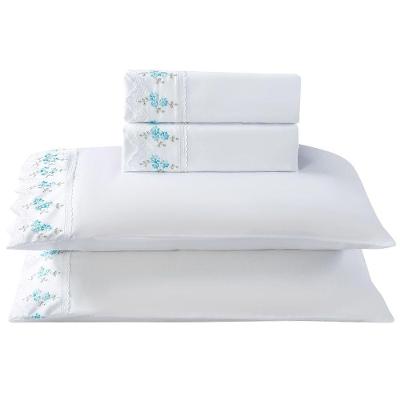 Jogo De Lençol Queen Essenza 300 Fios Micropercal Bordado 4 Peças Branco Ramo Azul