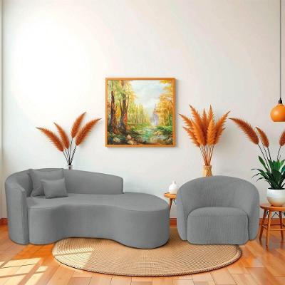 Kit Recamier Curvo Sala De Estar Inglaterra 180cm Lado Direito E Poltrona Orgânica Luxo Amore Bouclé Cinza
