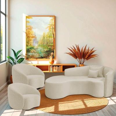 Kit Recamier Curvo Sala De Estar Inglaterra 200cm Lado Esquerdo E 2 Poltronas Orgânica Luxo Amore Bouclé Bege