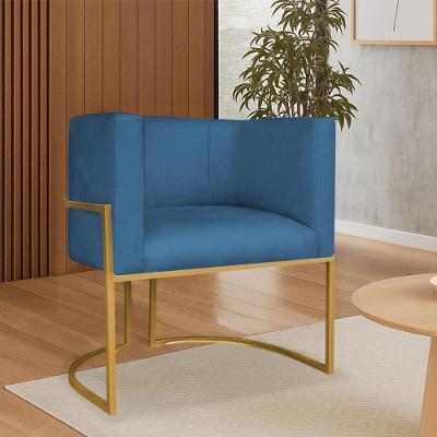 Poltrona Dália Luxo Moderna Estofada Design Sofisticado Com Base De Ferro Dourado Linho Azul Royal
