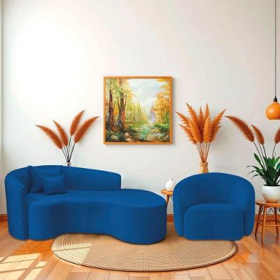 Kit Recamier Curvo Sala De Estar Inglaterra 200cm Lado Direito E Poltrona Orgânica Luxo Amore Linho Azul Royal