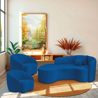 Kit Recamier Curvo Sala De Estar Inglaterra 180cm Lado Esquerdo E 2 Poltronas Orgânica Luxo Amore Linho Azul Royal