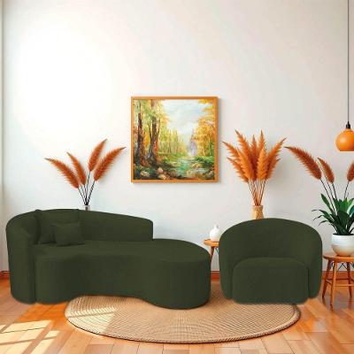 Kit Recamier Curvo Sala De Estar Inglaterra 180cm Lado Direito E Poltrona Orgânica Luxo Amore Linho Verde