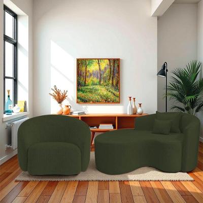 Kit Recamier Curvo Sala De Estar Inglaterra 150cm Lado Esquerdo E Poltrona Orgânica Luxo Amore Linho Verde
