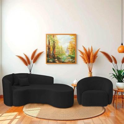 Kit Recamier Curvo Sala De Estar Inglaterra 200cm Lado Direito E Poltrona Orgânica Luxo Amore Bouclé Preto
