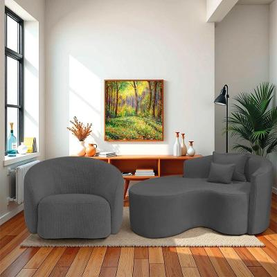 Kit Recamier Curvo Sala De Estar Inglaterra 150cm Lado Esquerdo E Poltrona Orgânica Luxo Amore Linho Cinza Escuro