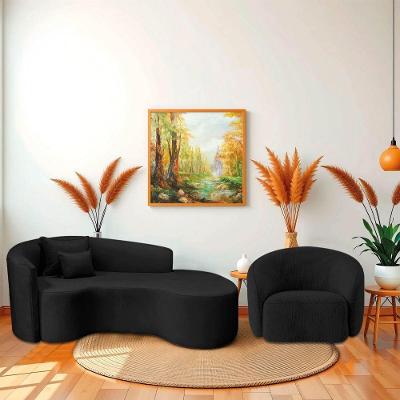 Kit Recamier Curvo Sala De Estar Inglaterra 200cm Lado Direito E Poltrona Orgânica Luxo Amore Linho Preto
