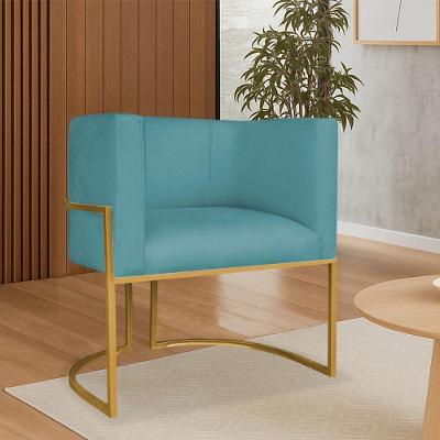 Poltrona Dália Luxo Moderna Estofada Design Sofisticado Com Base De Ferro Dourado Suede Azul Turquesa