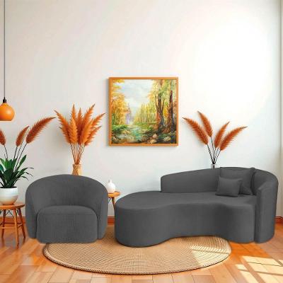 Kit Recamier Curvo Sala De Estar Inglaterra 200cm Lado Esquerdo Poltrona Orgânica Luxo Amore Linho Cinza Escuro