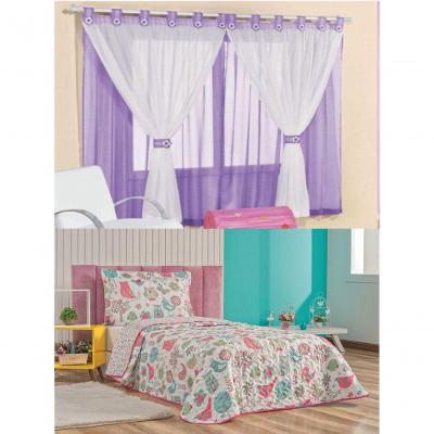 Cortina Juvenil Quarto Menina E Colcha Matelada Coruja - Lilás - 100% Poliéster