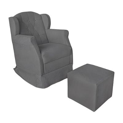 Poltrona Amamentação Com Balanço E Puff Luxo Suede Manuela Cinza