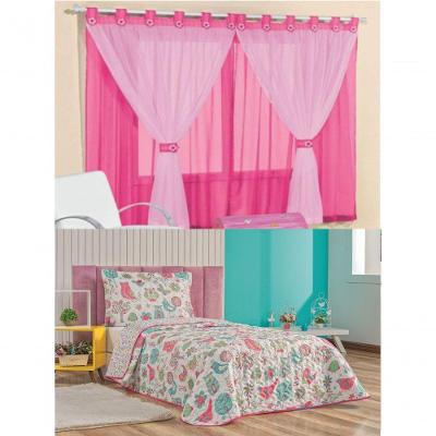 Cortina Juvenil Quarto Menina E Colcha Matelada Coruja - Pink - 100% Poliéster