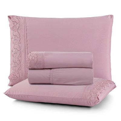 Jogo De Lençol Nobre Casal 4 Peças Micropercal 200 Fios Bordado Inglês Fino - Rosa Malva - 100% Poliéster
