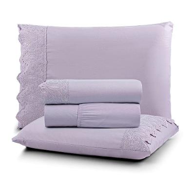 Jogo De Lençol Nobre Casal 4 Peças Micropercal 200 Fios Bordado Inglês Fino - Bruma Lilás - 100% Poliéster