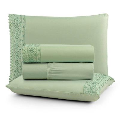 Jogo De Lençol Nobre Casal 4 Peças Micropercal 200 Fios Bordado Inglês Fino - Verde Folha - 100% Poliéster