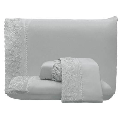 Jogo De Lençol Dunna Casal 4 Peças Percal 300 Fios Bordado Inglês Macio - Cinza - 100% Poliéster