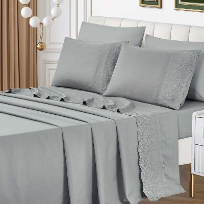 Jogo De Lençol Lummi Queen 4 Peças Percal 300 Fios Bordado Inglês Macio - Cinza - 100% Poliéster