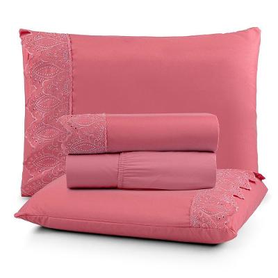 Jogo De Lençol Nobre Casal 4 Peças Micropercal 200 Fios Bordado Inglês Fino - Pessego - 100% Poliéster