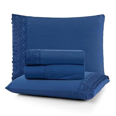 Jogo De Lençol Nobre Casal 4 Peças Micropercal 200 Fios Bordado Inglês Fino - Azul Galáxia - 100% Poliéster