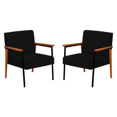 Kit 2 Poltronas Fontana Veludo Preto Base Em Madeira Com Metal Preto