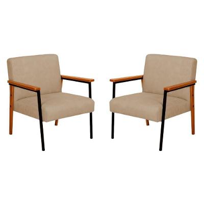 Kit 2 Poltronas Fontana Couro Bege Base Em Madeira Com Metal Preto