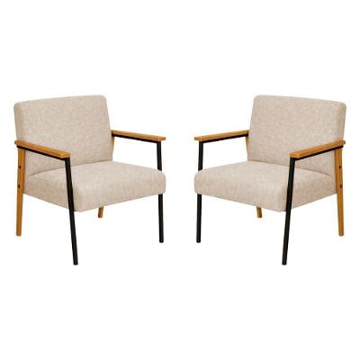 Kit 2 Poltronas Fontana Linho Bege Base Em Madeira Com Metal Preto