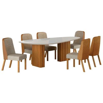 Conjunto Sala De Jantar Isis Off White 6 Cadeiras Linho Palha Courino Terracota Base Em Madeira 2 M Leifer Móveis