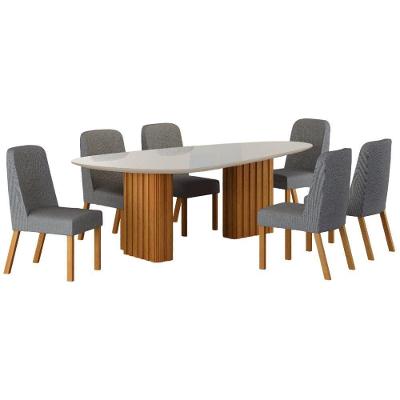 Conjunto Sala De Jantar Isis Off White 6 Cadeiras Linho Cinza Base Em Madeira 2 M Leifer Móveis