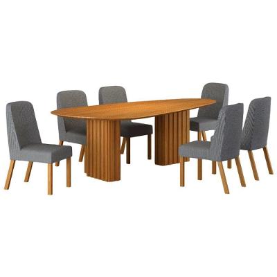 Conjunto Sala De Jantar Isis Cinamomo 6 Cadeiras Linho Cinza Base Em Madeira 2 M Leifer Móveis