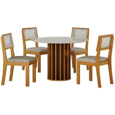 Conjunto Sala De Jantar Flora Off White Cinamomo 4 Cadeiras Linho Palha Base Em Madeira 1,08 M Leifer Móveis