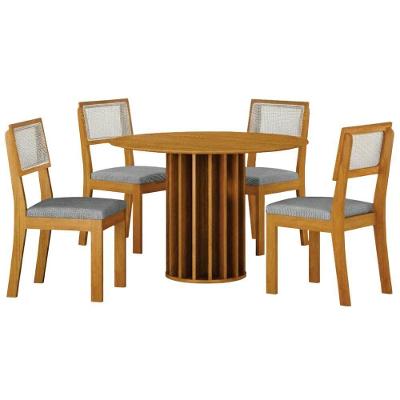 Conjunto Sala De Jantar Flora Cinamomo 4 Cadeiras Linho Cinza Base Em Madeira 1,08 M Leifer Móveis