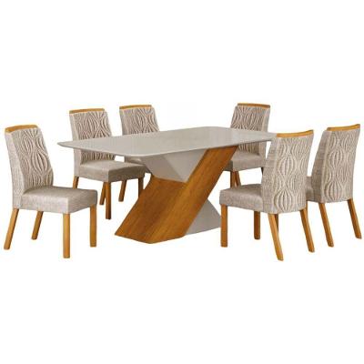 Conjunto Sala De Jantar Ilhéus Cinamomo Off White 6 Cadeiras Linho Palha Base Em Madeira 1,80 M Leifer Móveis