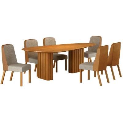 Conjunto Sala De Jantar Isis Cinamomo 6 Cadeiras Linho Palha Courino Terracota Base Em Madeira 1,80 M Leifer Móveis