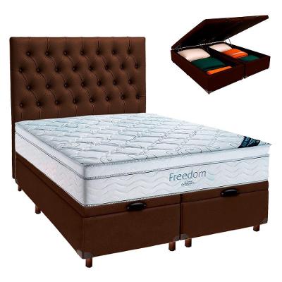 Cama Box Baú Marrom Com Colchão Casal Freedom Ortobom + Cabeceira
