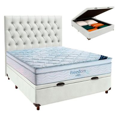 Cama Box Baú Branco Com Colchão Casal Freedom Ortobom + Cabeceira