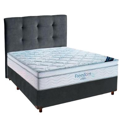 Cama Box Cinza + Colchão Casal Freedom Ortobom + Cabeceira