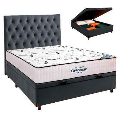 Cama Box Baú Cinza Com Colchão Casal High Foam Ortobom + Cabeceira