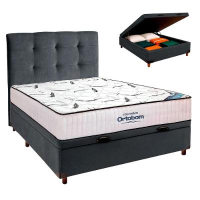 Cama Box Bau Cinza+colchão Casal High Foam Ortobom+cabeceira