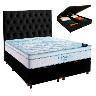 Baú Blindado Preto + Colchão Queen Freedom Ortobom + Cabeceira