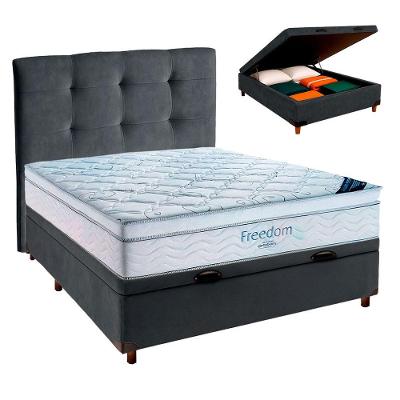 Baú Blindado Cinza + Colchão Casal Freedom Ortobom + Cabeceira