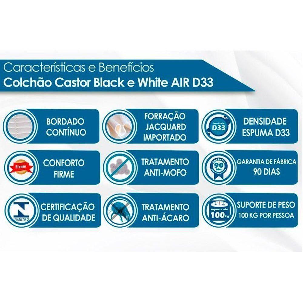 Cama Box c/Auxiliar Solteiro: Colchão Espuma Castor D33 Black e White + Base CRC Courano Black(88x188) - 2