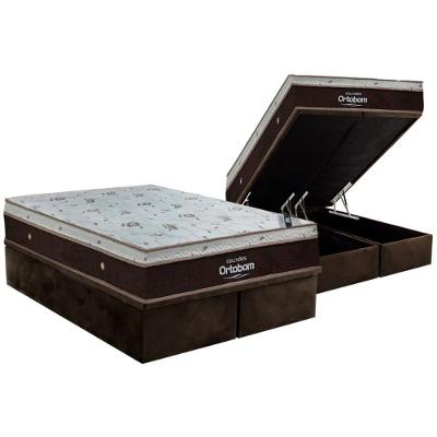 Cama Box Baú Queen: Colchão Molas Ortobom Superpocket Sleep King Látex + Base Brown(158X198)