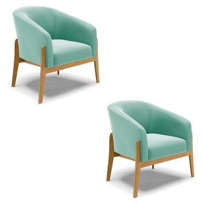 Kit 02 Poltronas Stella Suede Base Madeira Castanho - D'rossi Cor Azul Turquesa