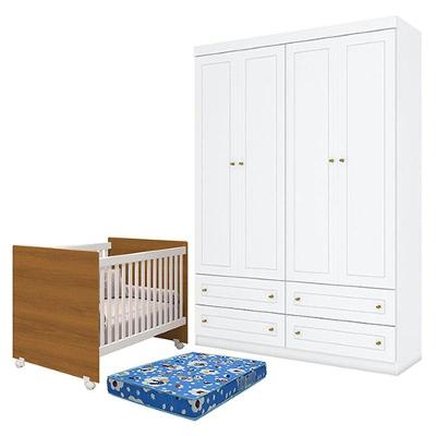 Berço Nacional Mel Branco Savana - Reller E Guarda Roupa Infantil Americano 4 Portas Branco Hp E Colchão Ortobom - Henn