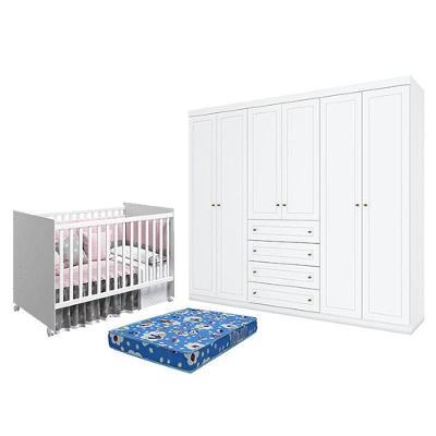 Berço Nacional Mel Branco Acetinado - Reller E Guarda Roupa Casal Americano 6 Portas Branco Hp E Colchão Ortobom - Henn