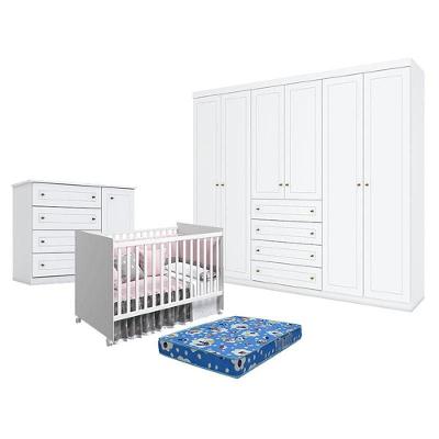 Quarto De Bebê Americano 6 Portas Com Berço Nacional Mel Branco Acetinado - Reller - Henn E Colchão Ortobom.