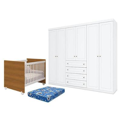 Berço Nacional Mel Branco Savana - Reller E Guarda Roupa Casal Americano 6 Portas Branco Hp E Colchão Ortobom - Henn
