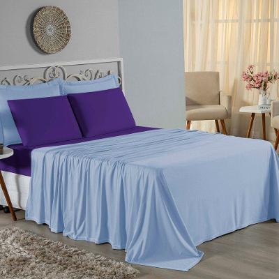 Jogo De Cama Casal Nobre 4 Peças Lençol Com Elástico De 30cm De Altura Malha 100% Algodão - Azul-bebê / Roxo
